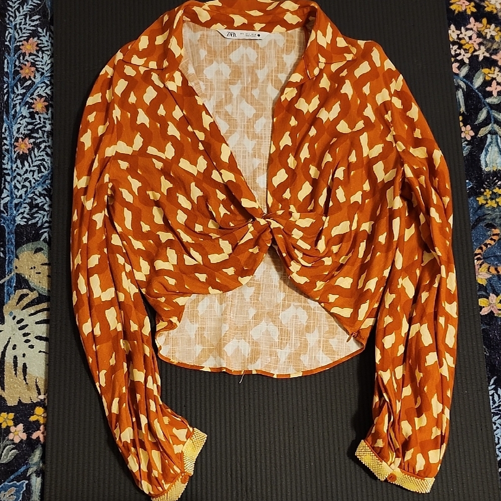Zara Orange Long Sleeve Crop Blouse with Tie Front